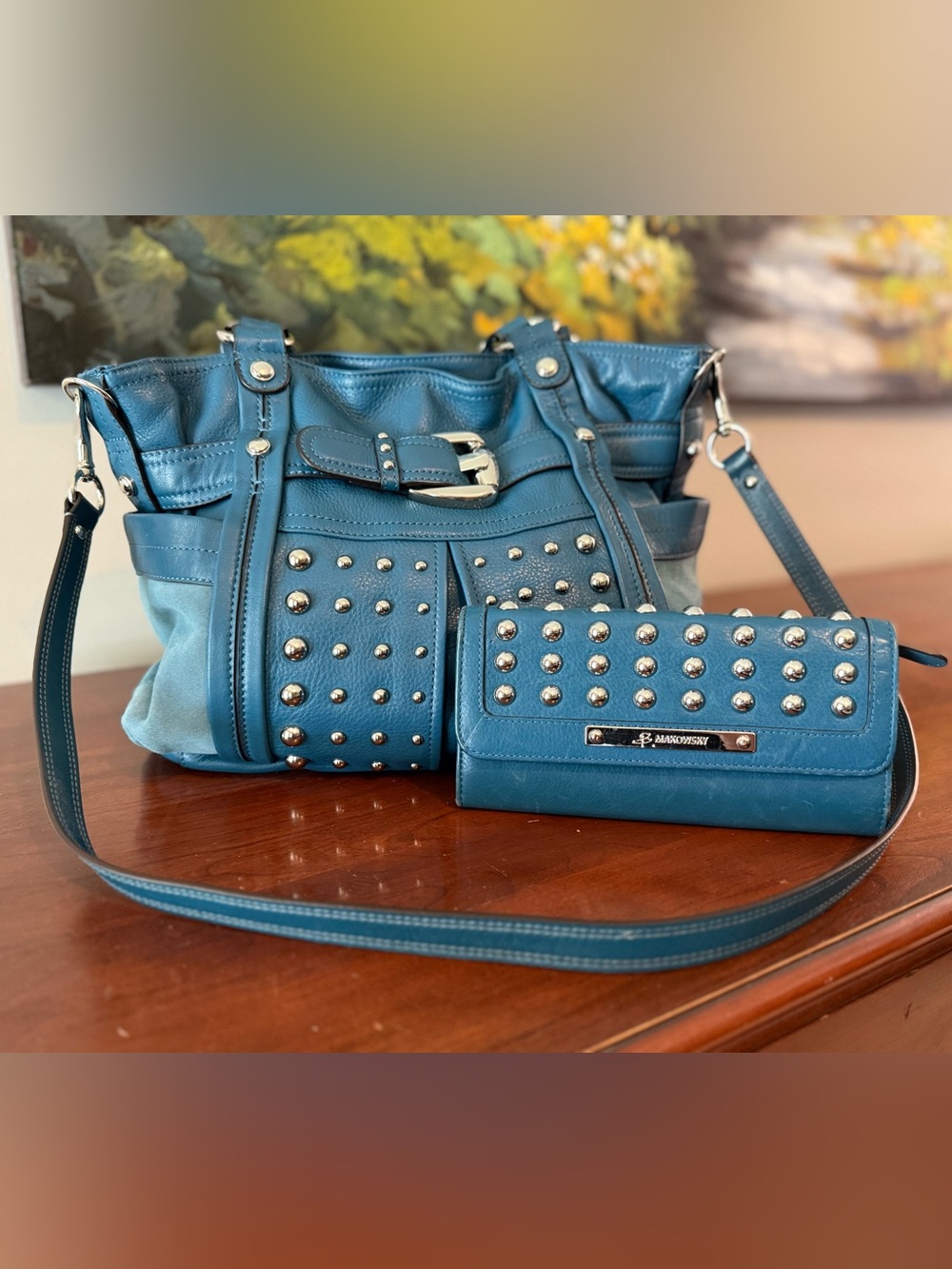 🖤 B. Makowsky Y2K Studded Leather & Suede Shoulder Bag + Matching Wallet 🤘🏻 - Picture 2 of 15